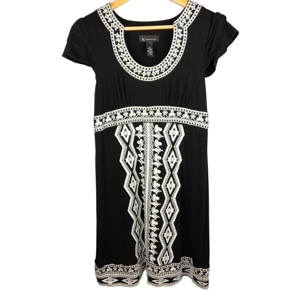 INC International Concepts Black Midi Dress with White Embroidery Detail